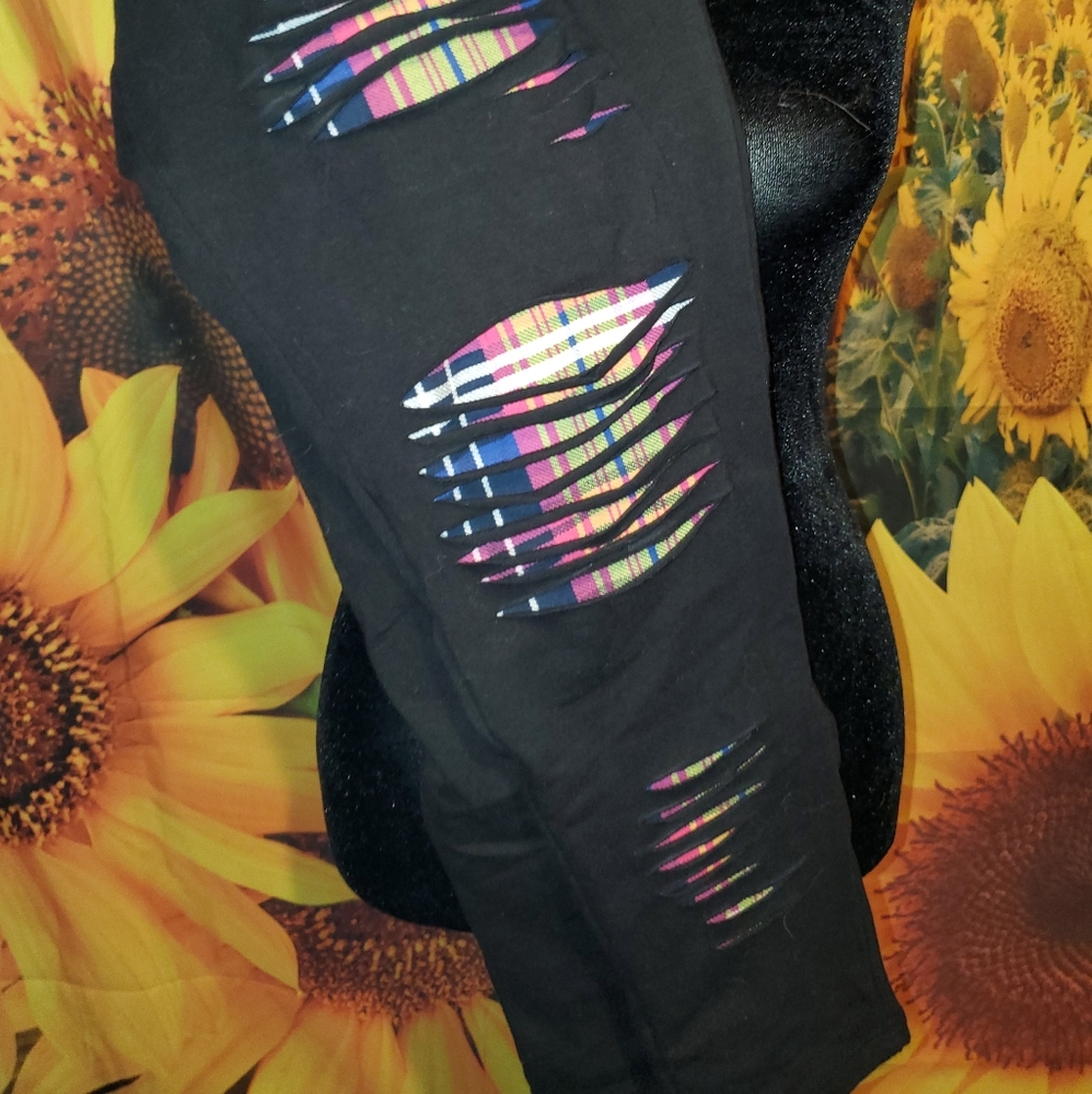 Torrid Black Leggings with Colorful Plaid Accents
